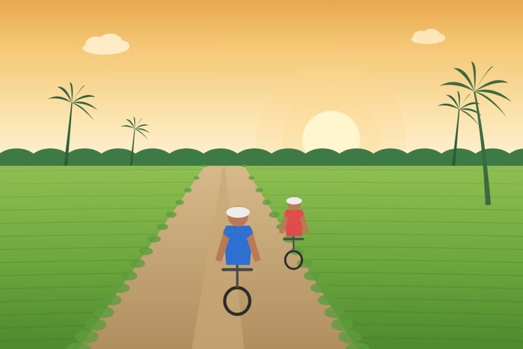 Cyclists on a track through rice fields at sunset (illustrated placeholder)
