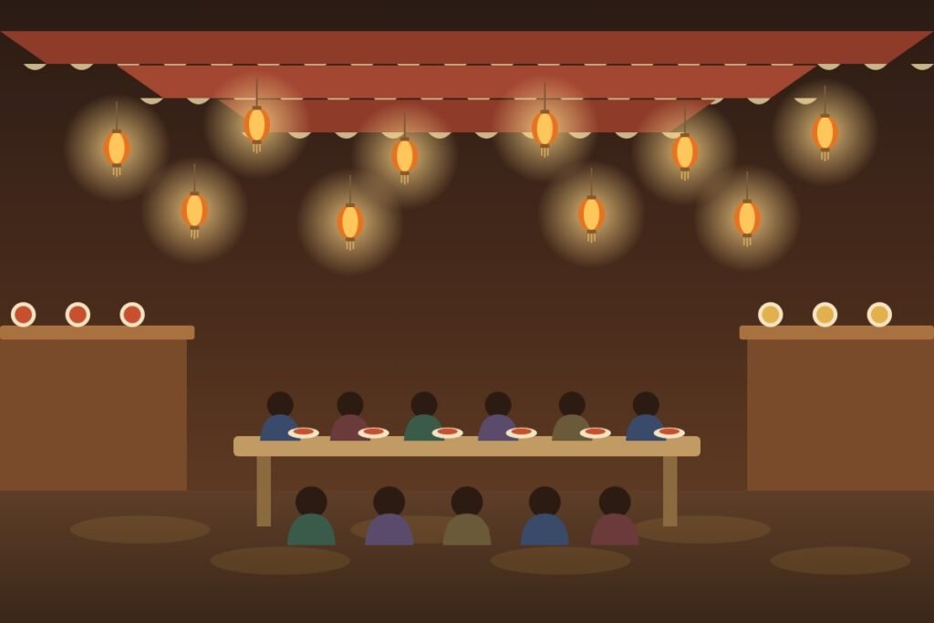 Lantern-lit night market food street (illustrated placeholder)