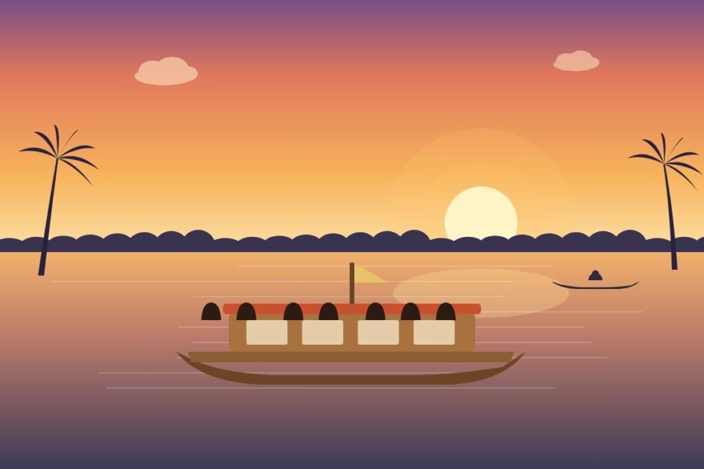 Tour boat on Tonle Sap at sunset (illustrated placeholder)